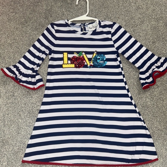 Rare Editions Navy and White Striped Dress with Ruffle Sleeves - School Dress - Picture 1 of 7